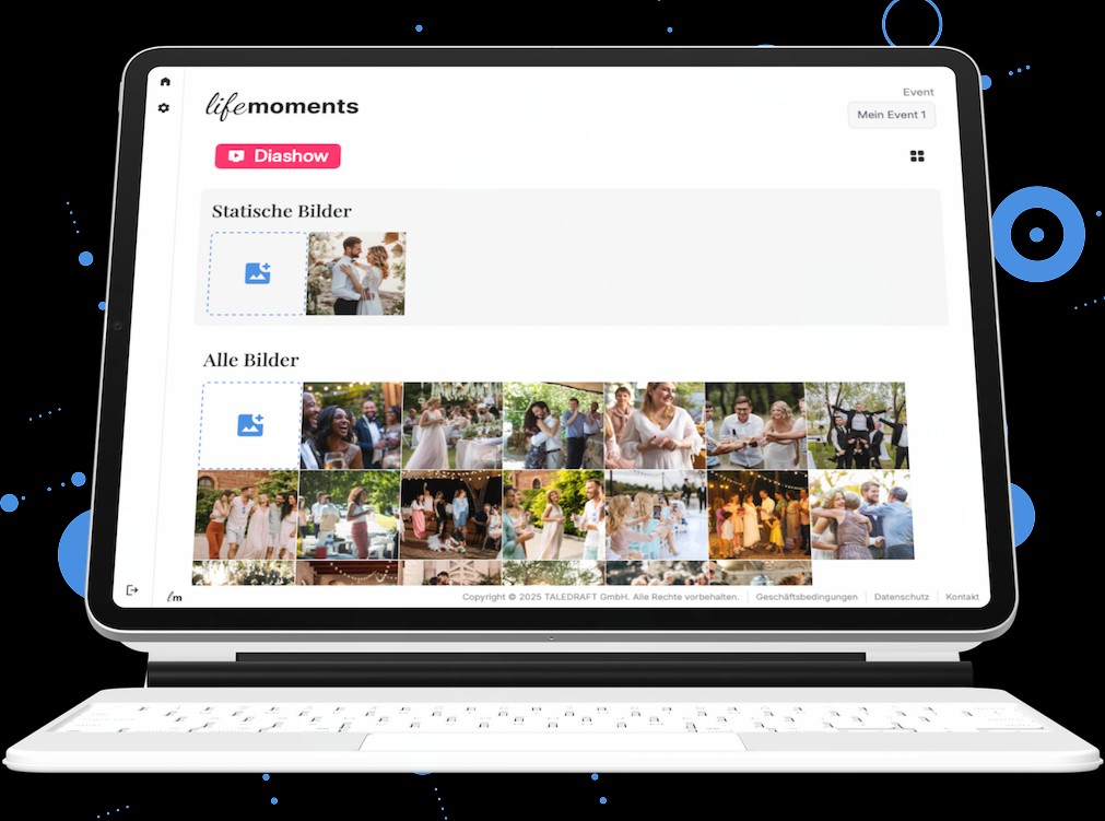 lifemoments Konto auf dem Tablet: Event-Übersicht mit Diashow-Start und Bildergalerie