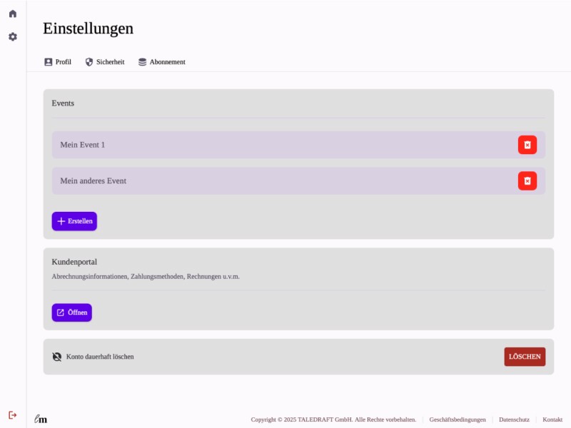 lifemoments Konto: Einstellungen mit Event-Verwaltung und Kundenportal