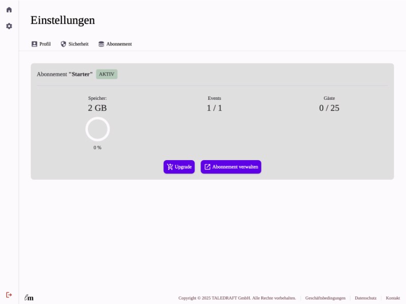 lifemoments Konto: Abonnement-Übersicht mit Speicherplatz, Events und Gästen