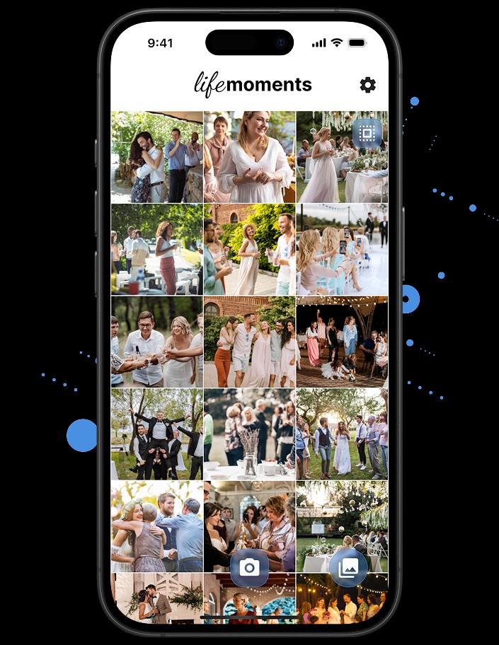 lifemoments App: Live-Galerie mit Gästefotos einer Hochzeit auf dem Smartphone