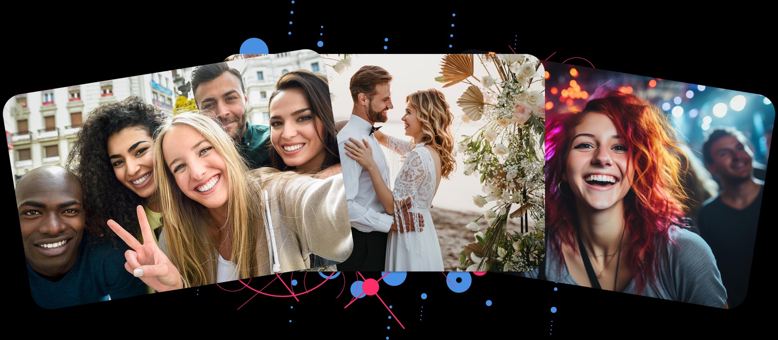 Drei Eventfotos aus der lifemoments Diashow: Gruppenselfie, Brautpaar und feiernder Partygast