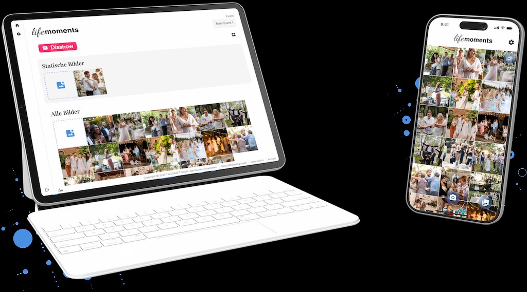 lifemoments Event-Galerie auf Laptop und iPhone: Gästefotos einer Hochzeit im Überblick