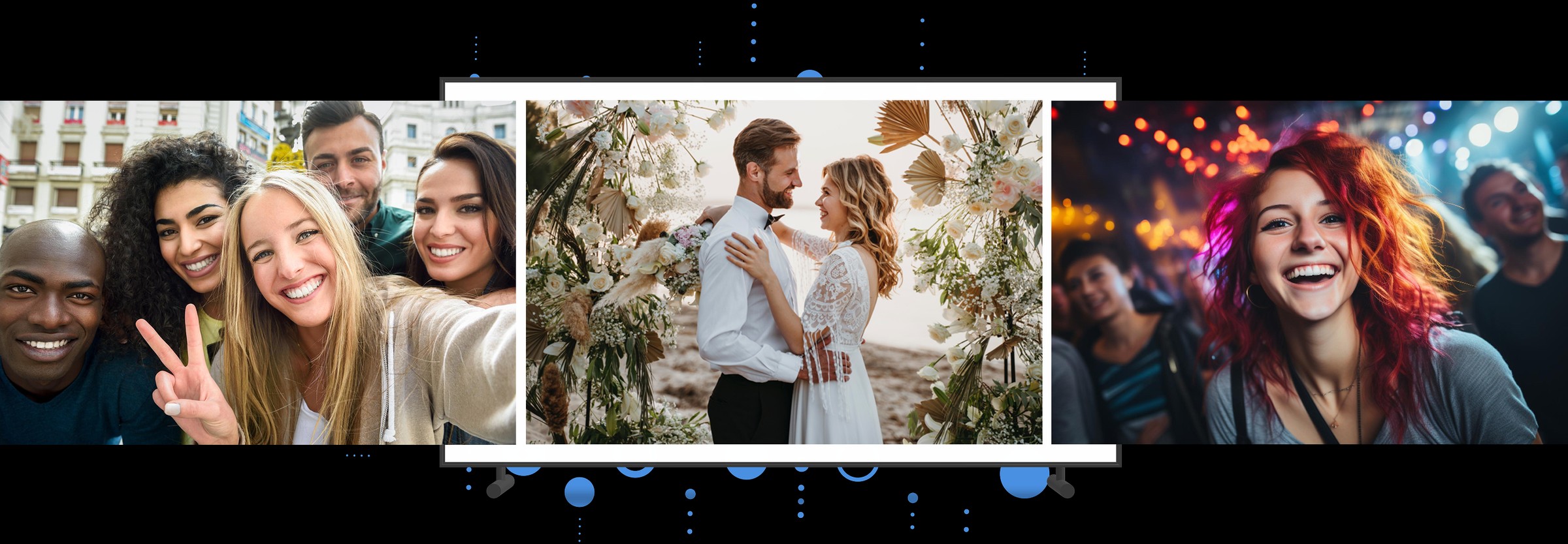 Fernseher mit lifemoments Diashow: Gästefotos von Hochzeit und Party erscheinen live auf dem Bildschirm