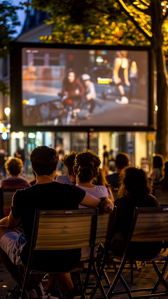 Gäste verfolgen abends eine Diashow auf großer Leinwand unter freiem Himmel