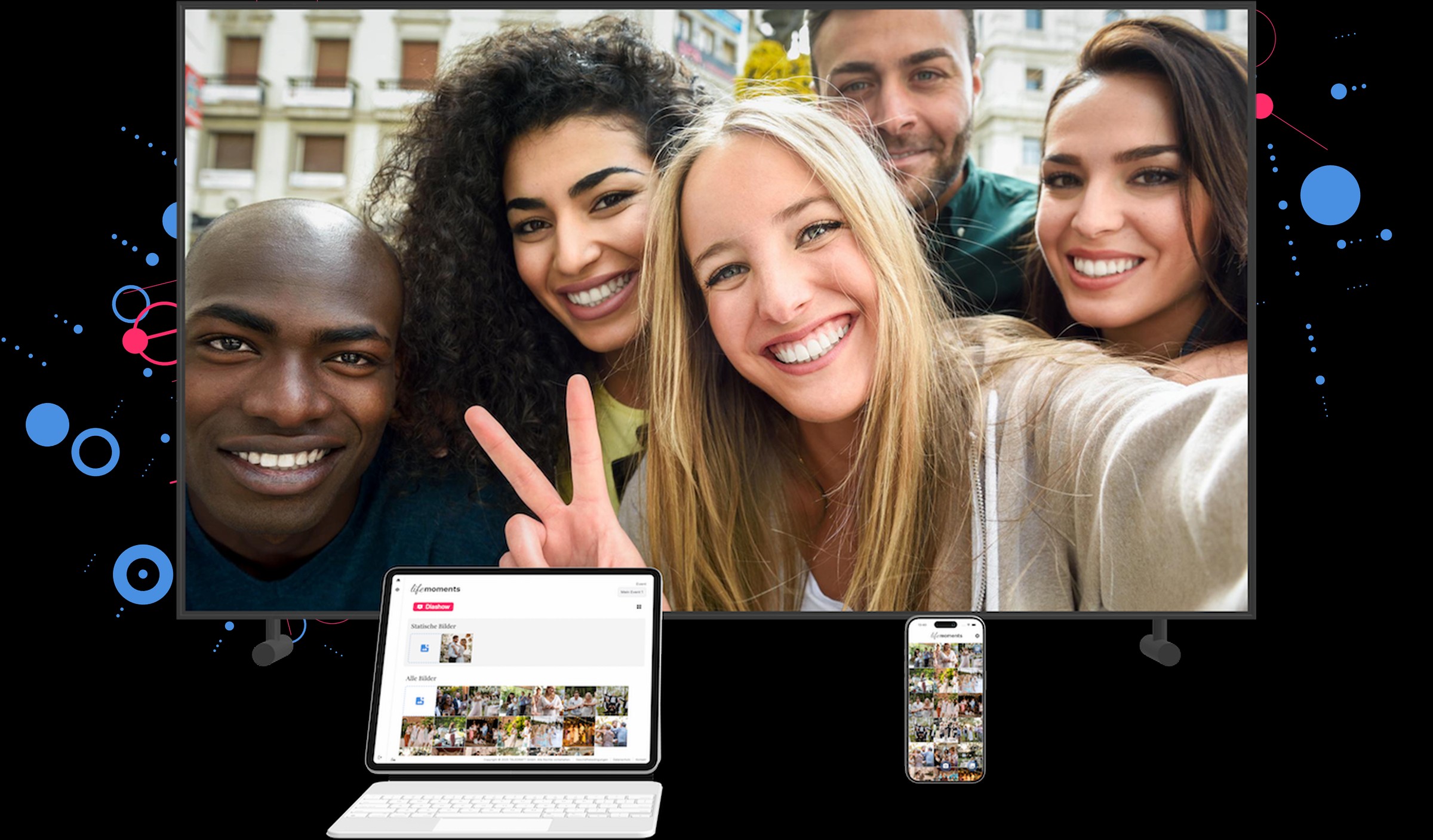Live-Diashow der Event-Foto-App lifemoments: Gruppenselfie auf dem Fernseher, Fotogalerie auf Tablet und Smartphone