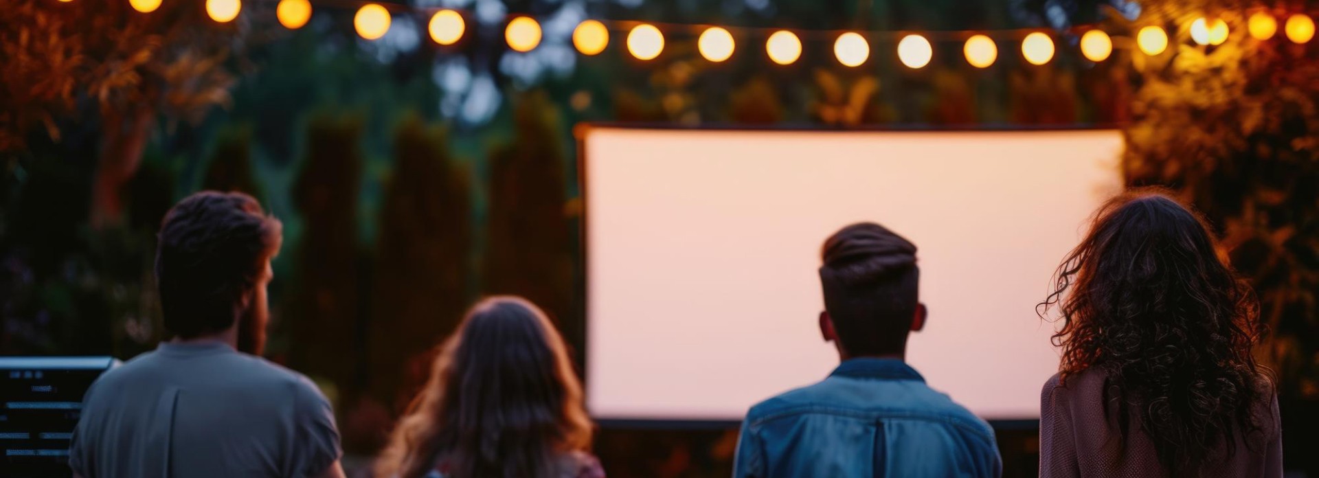 Gäste warten im Garten vor der Leinwand auf den Start der Foto-Diashow